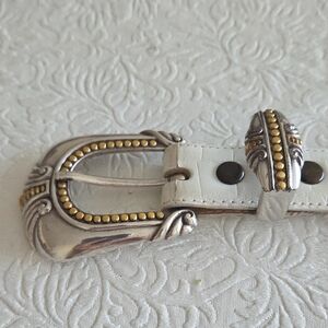 White Croco Embossed Belt with Silver And Gold Accents